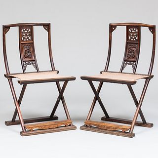 Pair Chinese Jumu and Woven Rope Folding Chairs