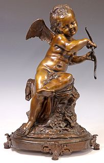 LARGE PATINATED BRONZE SCULPTURE OF CUPID DRAWING HIS BOW