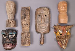 (6) FOLK ART CARVED WOOD FIGURES & MASKS, LIKELY MEXICO
