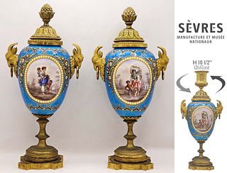 Pair Of 19th C. French Sevres Figural Bronze Mounted Vases \ Urns