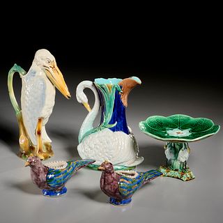 Group bird-themed majolica, incl. Holdcroft