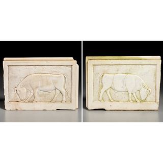 Pair Ptolemaic style marble Bull relief panels