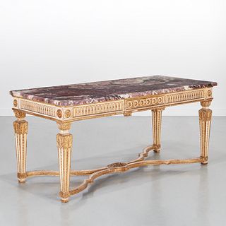 Louis XIV style gilt marble top console table