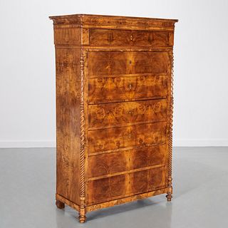 Continental figured walnut tall chest of drawers