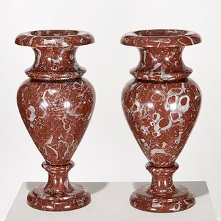 Pair large antique red fossil marble urns
