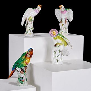 (4) large Meissen style porcelain parrots