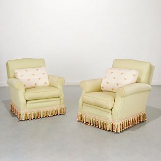Pair custom upholstered silk lounge chairs
