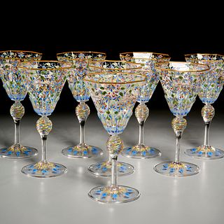 Set (8) Venetian enameled wine glasses by Salviati