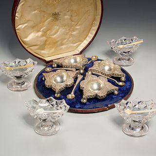 (2) English Orientalist sterling & glass salt sets