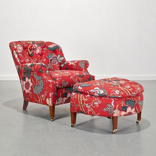 Edwardian style red chintz club chair and ottoman