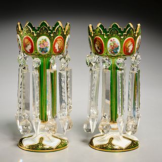 Pair Bohemian cased & enameled glass lusters