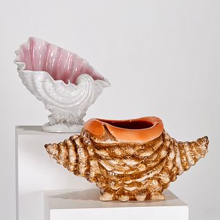 (2) Large Italian majolica shell-form centerpieces
