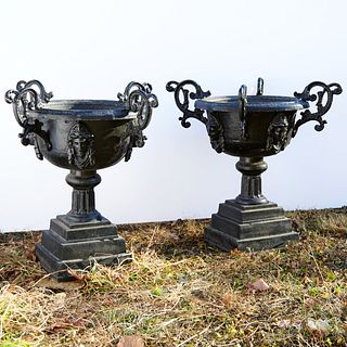 Pair large Victorian cast iron garden urns