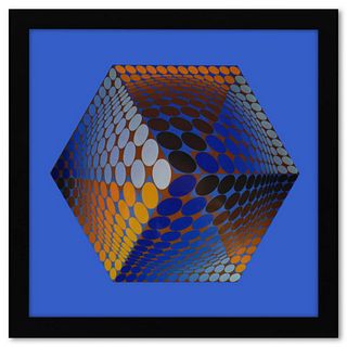 Victor Vasarely (1908-1997), "Tupa - 3 de la sÃ©rie Structures Universelles De L'Hexagone" Framed 1975 Heliogravure Print with Letter of Authenticity