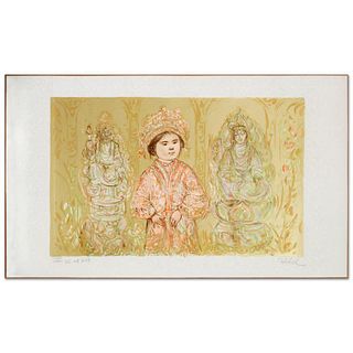 Willie and Two Quan Yins Limited Edition Lithograph by Edna Hibel (1917-2014), Numbered and Hand Signed with Certificate of Authenticity.