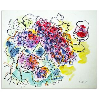 Wayne Ensrud "Grapes And Wineglass" Mixed Media Original Artwork with COA.
