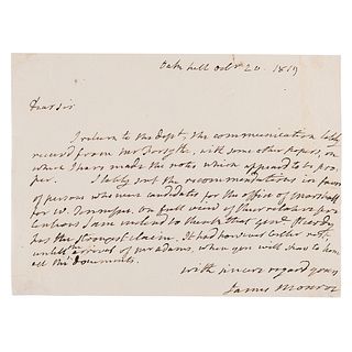 James Monroe Autograph Letter Signed as President, Recommending a Revolutionary War Veteran for a Frontier Post
