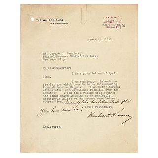 Herbert Hoover Typed Letter Signed as President with Rare Autograph Postscript: "I can see a rising tide towards the banks which is going to be perfec