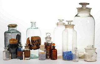 ASSORTED APOTHECARY BOTTLES, JARS, AND OTHER ARTICLES, LOT OF 15