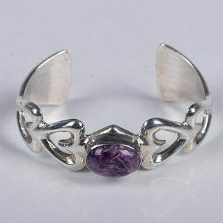 Lavender Charoite & Sterling Silver Heart Cuff Bracelet