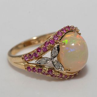 Colorful 3.67ct Opal, Ruby and Diamonds 14K Yellow Gold Ring