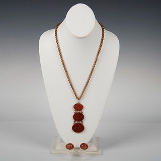 2pc Gold and Goldstone Necklace & Screw-Back Earrings
