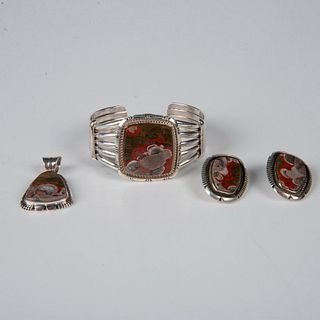 3pc Native American Sterling Silver & Stone Cuff Bracelet, Pendant & Earrings