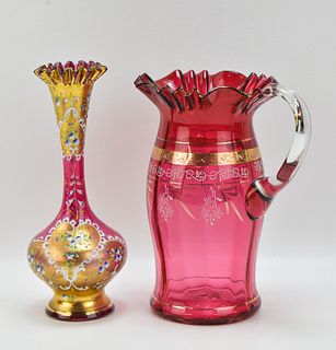 VICTORIAN GLASS PITCHER AND BOHEMIAN VASE