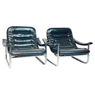 Leather & Chrome Lounge Chairs, Italy 1970's