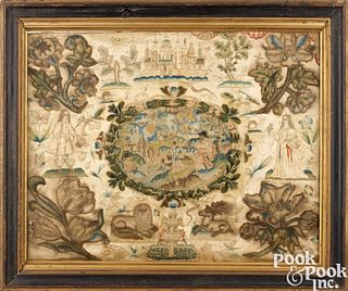 Large Charles II elaborate silk needlework picture