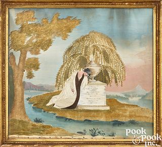 Memorial needlework and paint on silk, 19th c.