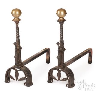 Pair of early English brass, wrought iron andirons