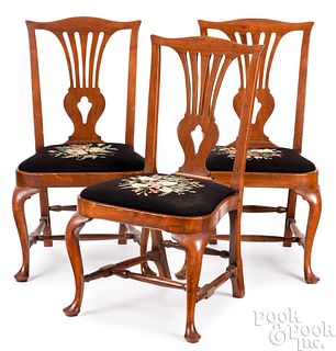 Three New England Queen Anne walnut dining chairs