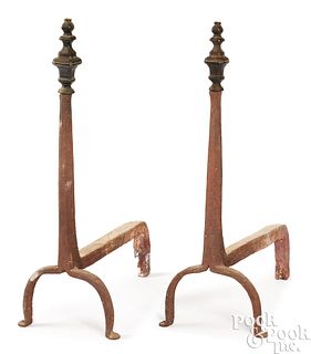 Pair of early brass and wrought iron andirons