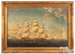 Large British oil on canvas ship painting, 19th c.