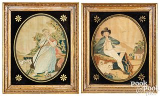 Pair of English oval needlework on silk pictures