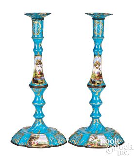 Large pair of Battersea enamel candlesticks