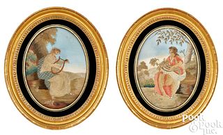 Pair of English oval silk needlework pictures