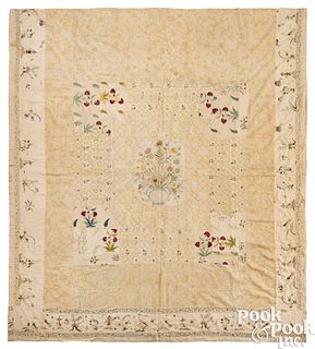 Elaborate English pieced embroidered coverlet, ca.