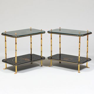 Pair of Brass-Mounted Black Painted and Parcel-Gilt Two Tier Side Tables