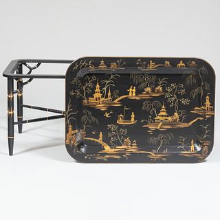 Asian Inspired Painted Chinoiserie Tray, on Painted Stand, Briger Design