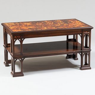 Neo-Gothic Style Faux Tortoise Shell, Carved and Stained Wood Two-Tier Low Table
