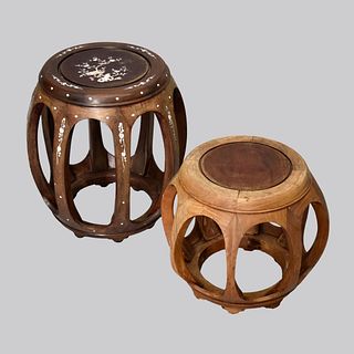 Two Chinese Barrel Form Wooden Stools