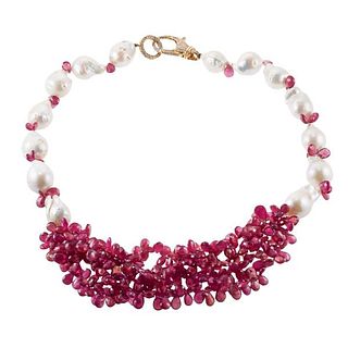 18k Gold Baroque Pearl Briolette Ruby Necklace