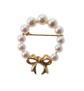 Tiffany &amp; Co 18k Gold Pearl Bow Brooch Pin