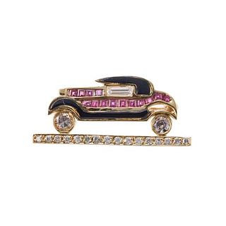 Vintage Diamond Onyx Ruby Gold Car Brooch Pin
