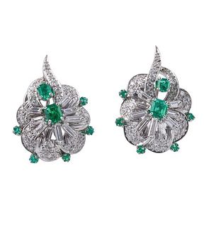 Mid Century 14k Gold Diamond Emerald Earrings