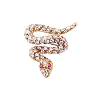 18k Gold Diamond Ruby Snake Brooch Pin