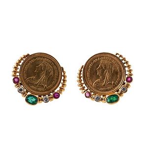 22k 18k Gold Diamond Emerald Ruby Coin Earrings