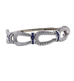Platinum  14k Gold Diamond Sapphire Bangle Bracelet